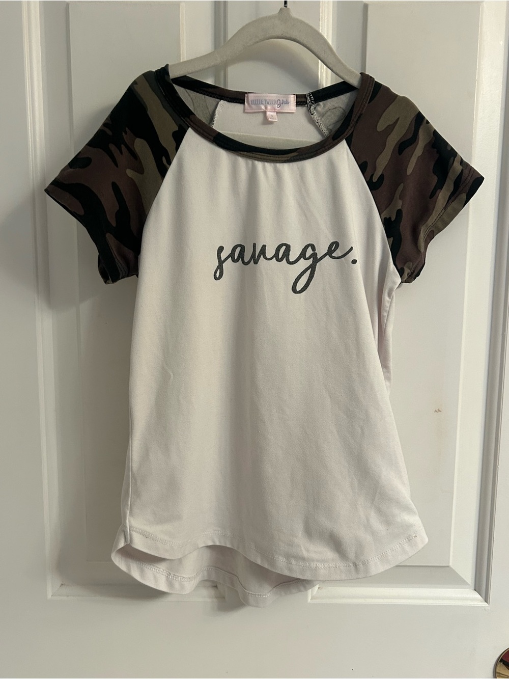 Girls Stella Tweed White Tee with Camo Raglan Sleeves